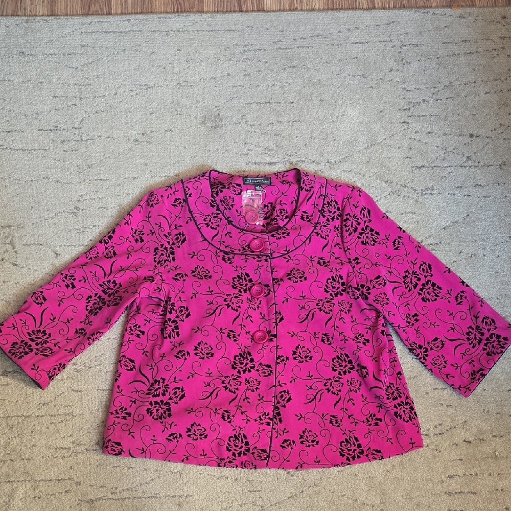 Elementz Jacket Blazer Vibrant Pink with Velvet Floral Pattern, Size S, NWOT